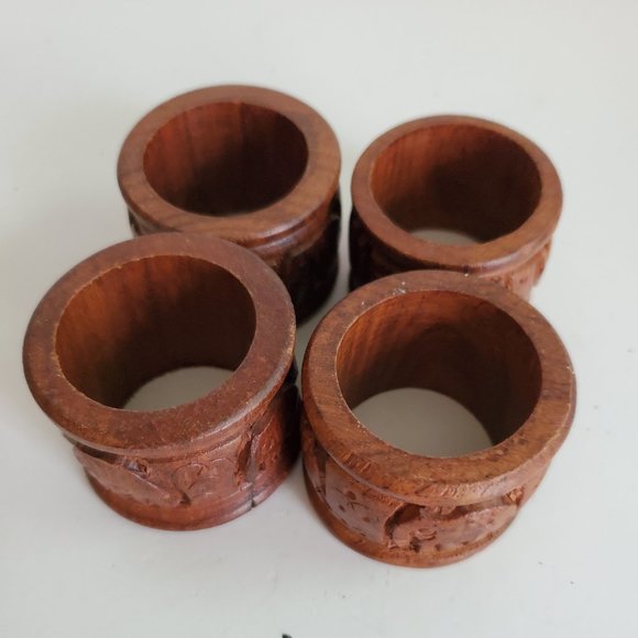 Hand Carved Elephant Wooden Napkin Rings Set of 4 Dinnerware Home Decor - Picture 1 of 8